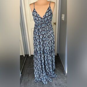 GOA Collection Paris‎ Blue Geometric Floral Tiered Boho Maxi Dress